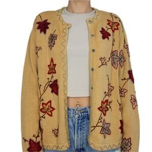 Vintage Leaf Cardigan Sweater Embroidered Cotton XL